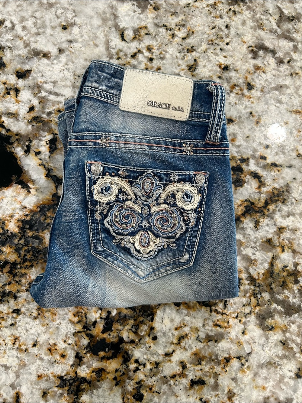 Grace in LA Jeans Womens Size 25 Floral Embroidered Pocket Rhinestone Blue